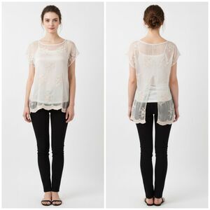 Angela Moda 100% Silk Short Sleeve Sheer Embroidered Floral Split Back Top M